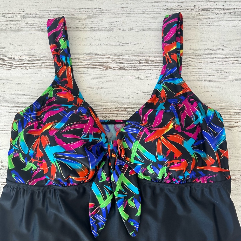 MEETCURVE Tie-Front V Neck Skirted Tummy Control One Piece Swimsuit Dress XL - Picture 5 of 12